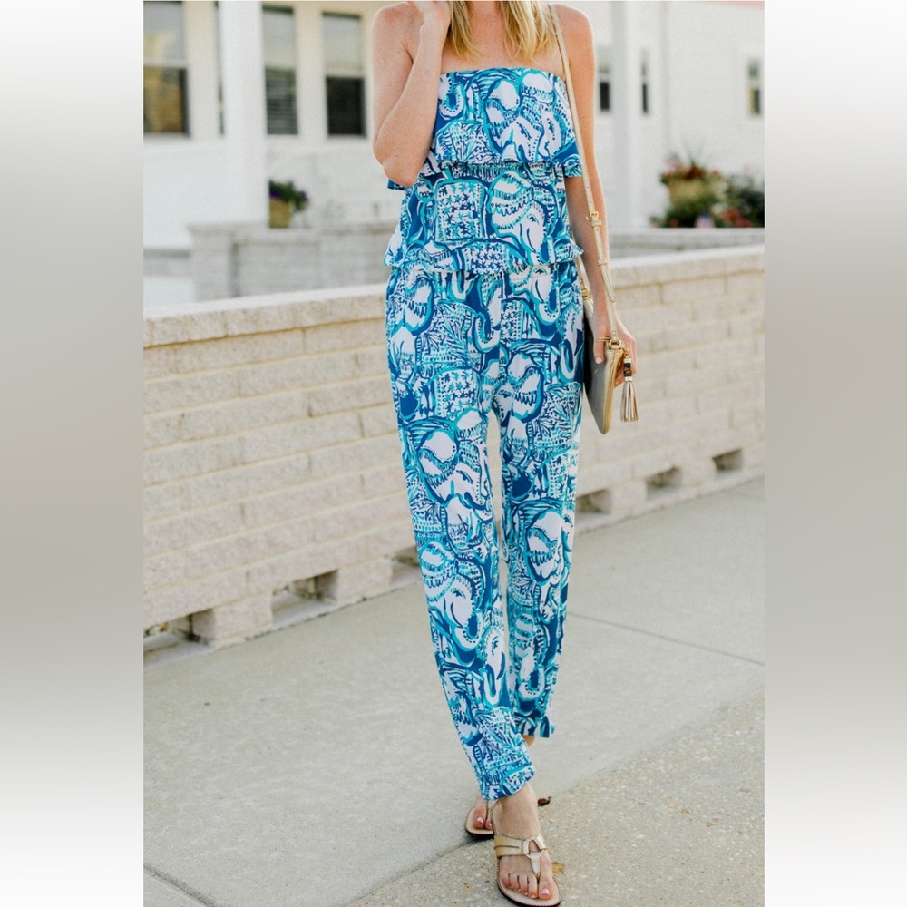 Lilly Pulitzer Strapless Jumpsuit Blue White Elephant Print  SZ S EUC